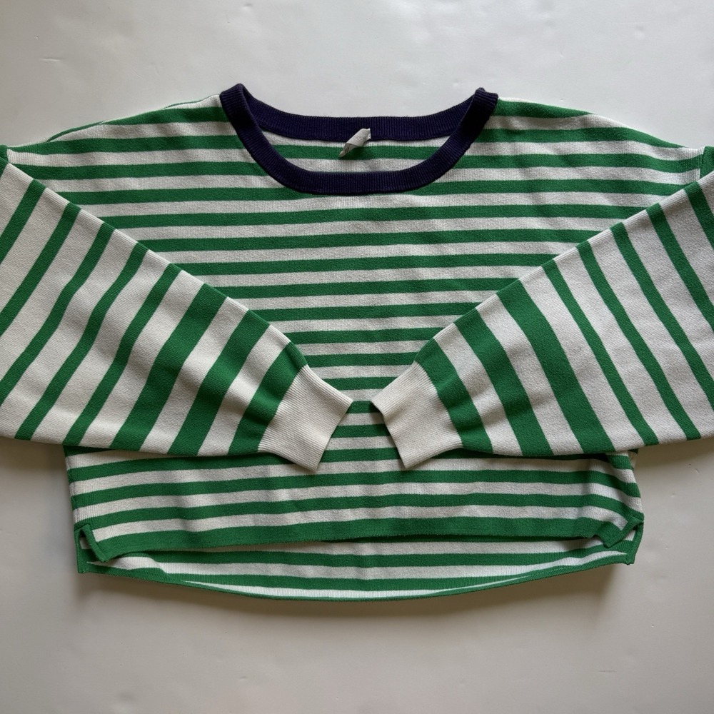 Anthropologie Dailey Practice Green White Stripe Crop Sweater Cotton‎ Stretch XL